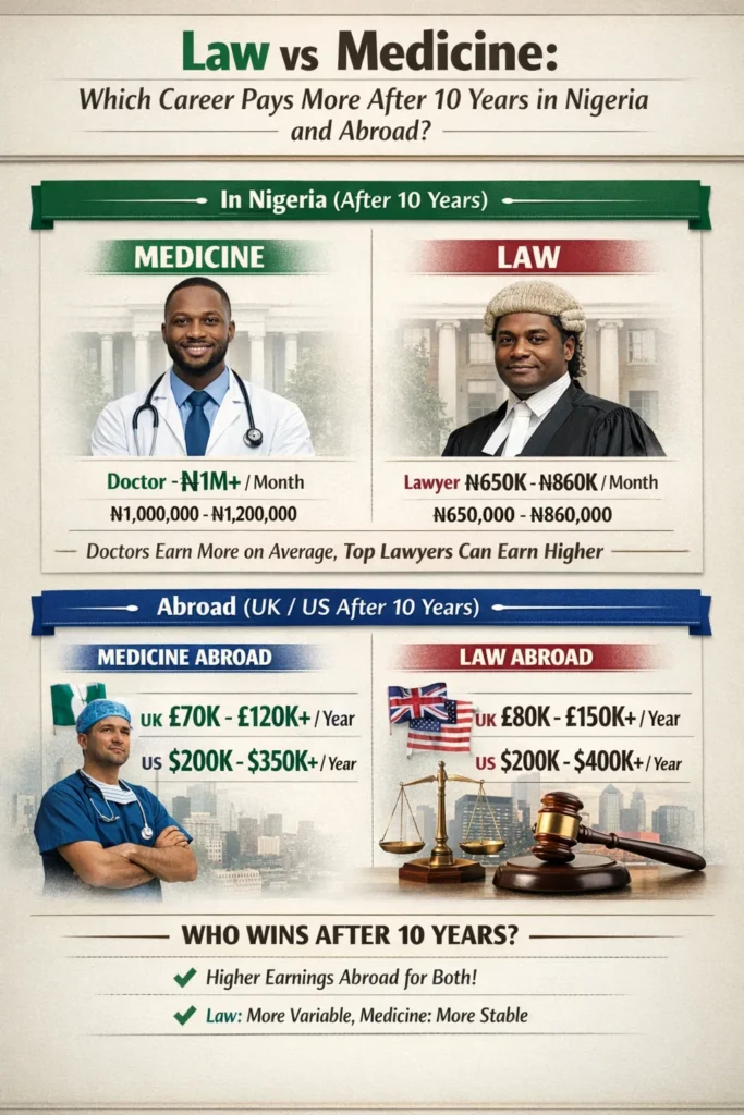 Law vs Medicine: Which Career Pays More After 10 Years in Nigeria and Abroad?