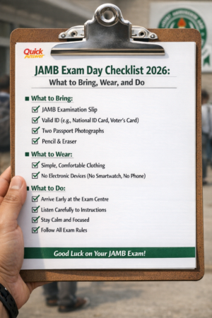 JAMB 2026 exam day checklist with items to bring, wear and do