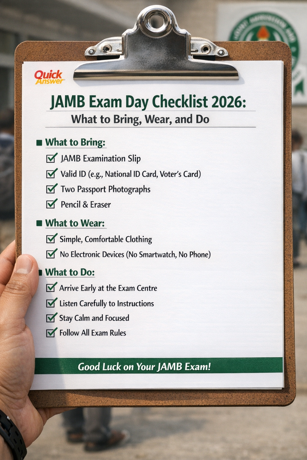 JAMB 2026 exam day checklist with items to bring, wear and do