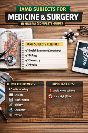 JAMB subjects for Medicine and Surgery in Nigeria showing Biology Chemistry and Physics textbooks