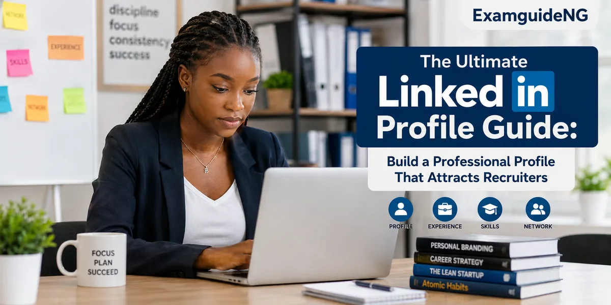 Nigerian graduate updating LinkedIn profile on laptop