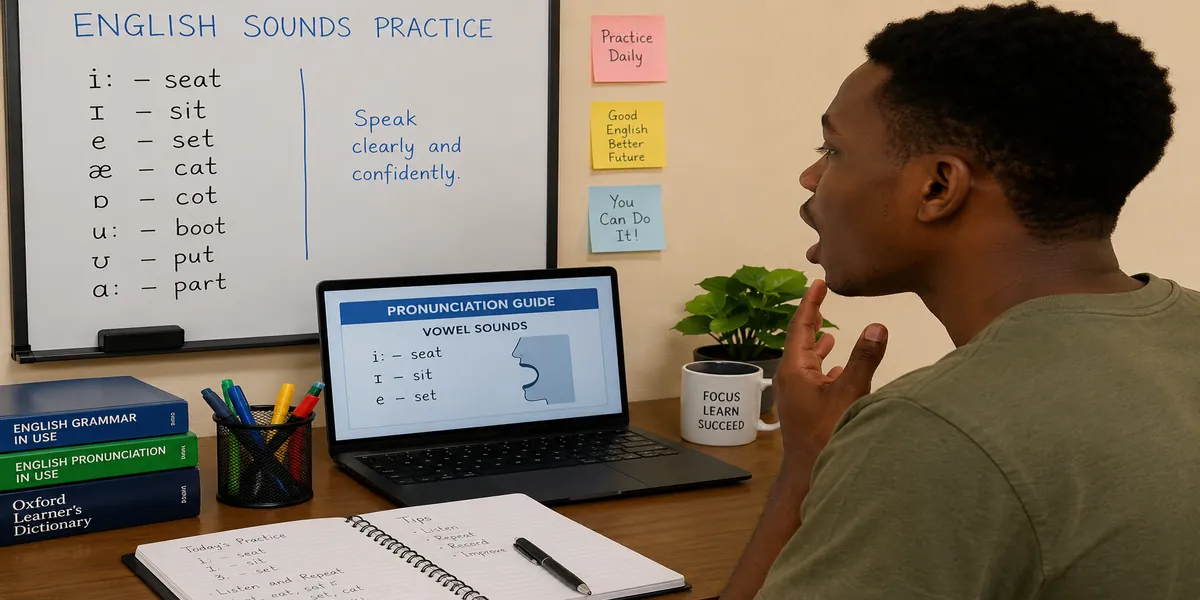 Nigerian student practising English pronunciation and sounds aloud