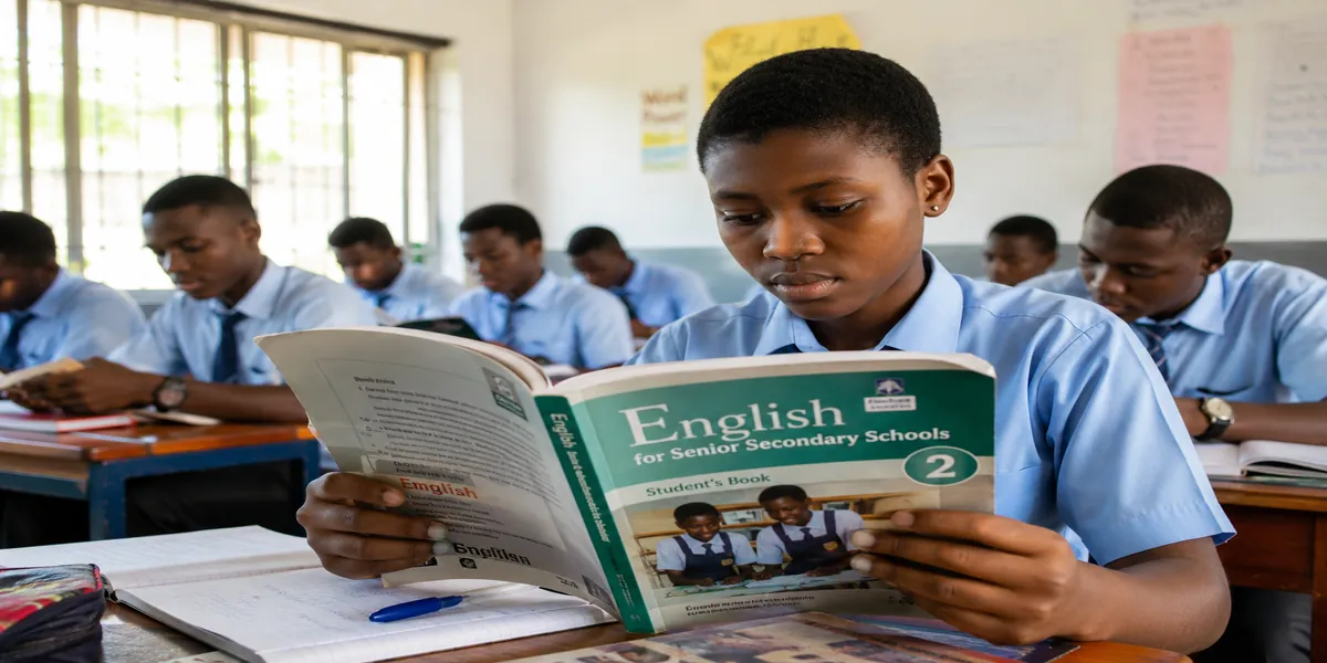 NIGERIAN STUDENT STUDYNG ENGLISH TEXTBOOK IN A CLASS ROOM