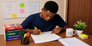 Nigerian student reading and annotating a comprehension passage